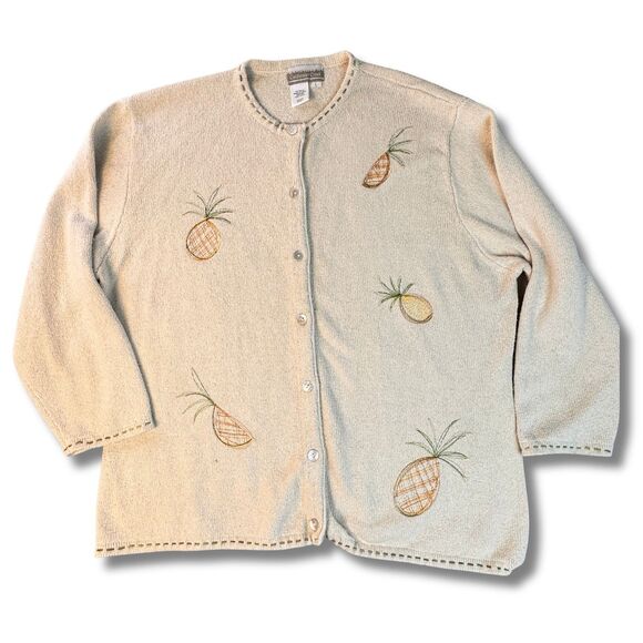 Silk Cotton Blend Cardigan Sweater Womens Large Ivory Pineapple Embroidery - Picture 7 of 13